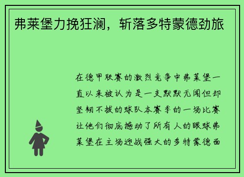 弗莱堡力挽狂澜，斩落多特蒙德劲旅